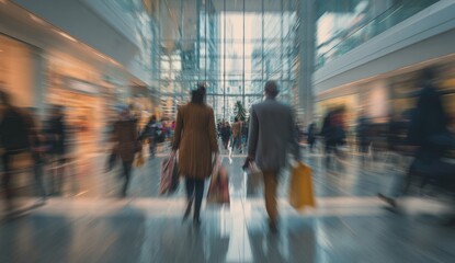 Dynamic motion blur of shoppers walking through a contemporary retail center, representing a fast-paced consumer lifestyle.