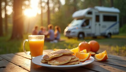 Morning camping breakfast in forest with family enjoying pancakes, orange juice, fresh oranges near RV. Sunny day, blurred nature background. Wholesome outdoor living, simple pleasures, family