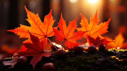 Fototapeta premium Bright Orange Maple Leaves and Acorns in Autumn Sunlight
