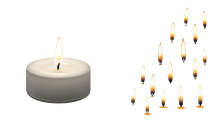 Single lit candle and group of candles isolated on transparent background