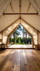 Interior of a canvas tent with forest view