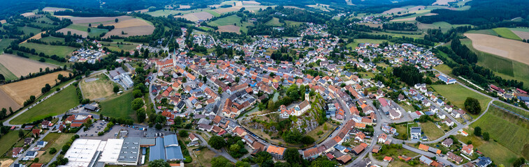 Aerial view around the city Pleystein in Germany on a sunny day in spring.