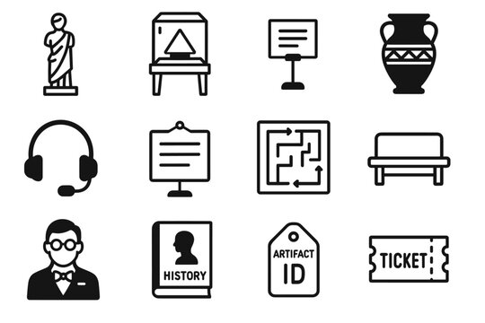 Museum icon set: artifacts, displays, tickets, and audio guides