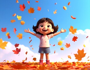 秋の落ち葉が舞う中で両手を広げる女の子の3Dイラスト
