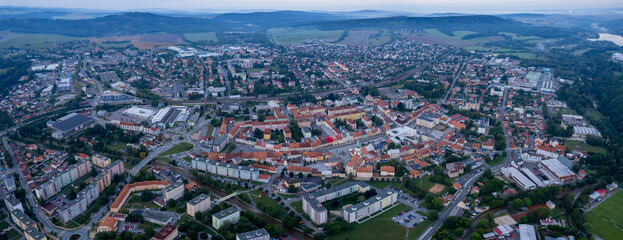 Aerial view of the city  Rokycany in the czech Republic on a rainy summer day.
