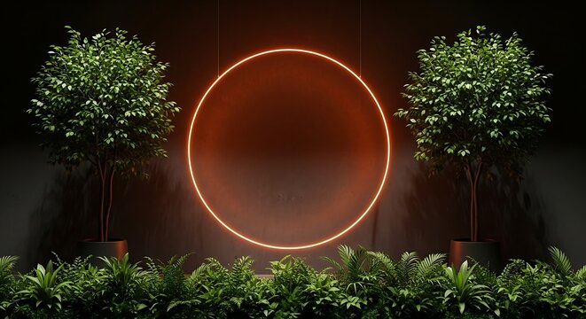 Oval neon light frame surrounded by lush greenery