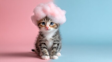 Adorable Fluffy Kitten with Pink Foam Crown and Blue Eyes