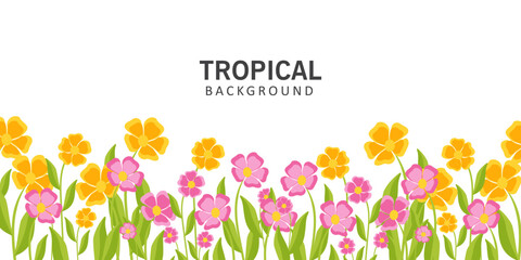 Spring or summer cards, banner with cute flowers. tropical Floral botanical art templates for holiday poster, Mother's Day, Easter and Birthday  invitation, social media post, cover, advertisement.
