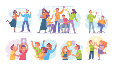 Illustrations of Dynamic Team Collaboration and Celebrations in a Vibrant Workspace Environment