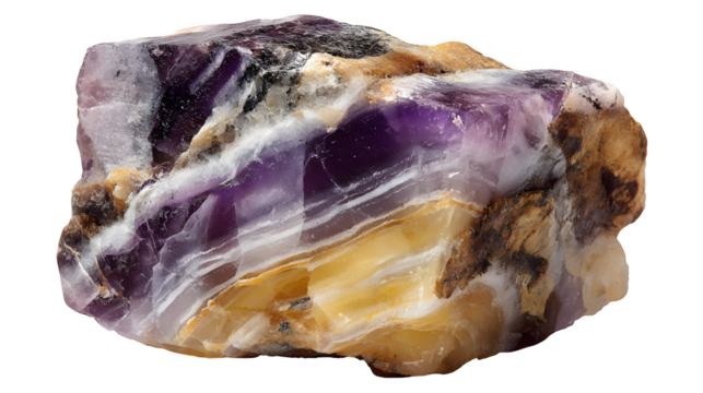 Blue John Fluorite raw chunk, distinctive purple and yellow banding, unpolished, isolated on Transparent background