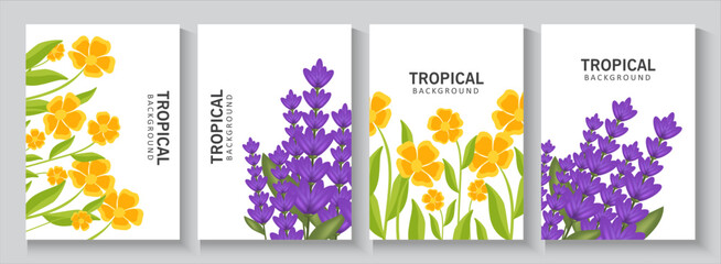 Spring or summer cards, banner with cute flowers. tropical Floral botanical art templates for holiday poster, Mother's Day, Easter and Birthday  invitation, social media post, cover, advertisement.
