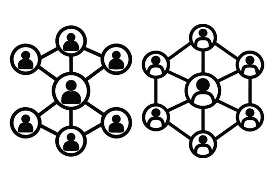 Two black and white network diagrams showing connected people icons connection social network