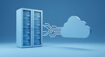 A 3D rendering of a server rack connected to a cloud icon, representing data storage.