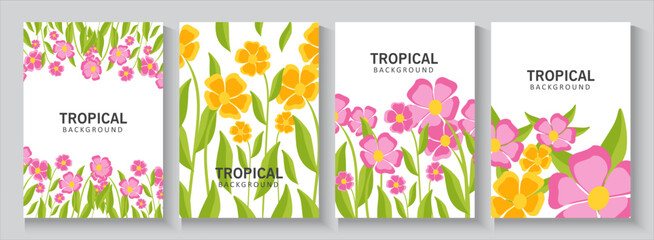 Spring or summer cards, banner with cute flowers. tropical Floral botanical art templates for holiday poster, Mother's Day, Easter and Birthday  invitation, social media post, cover, advertisement.