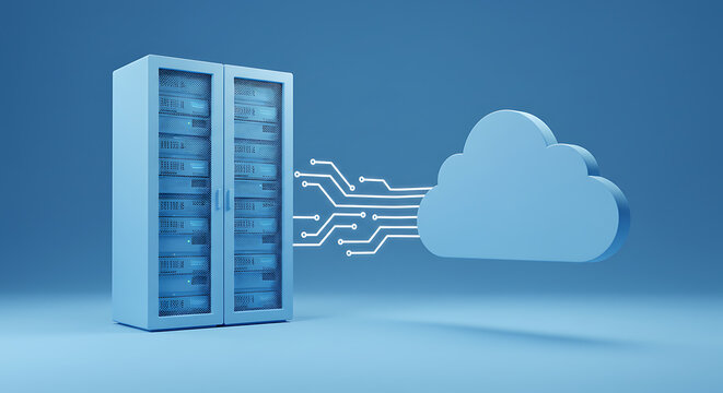 A 3D rendering of a server rack connected to a cloud icon, representing data storage.
