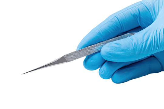 Close-up of a hand in a blue glove holding a metal tool