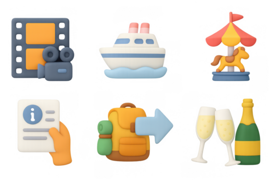 3d icons: film, travel, carnival, document, backpack, champagne