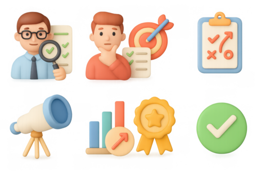 3d cartoon style business icons: analysis, strategy, and success eleme