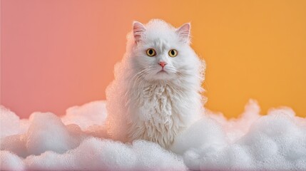 White Cat with Yellow Eyes in a Bath of White Bubbles