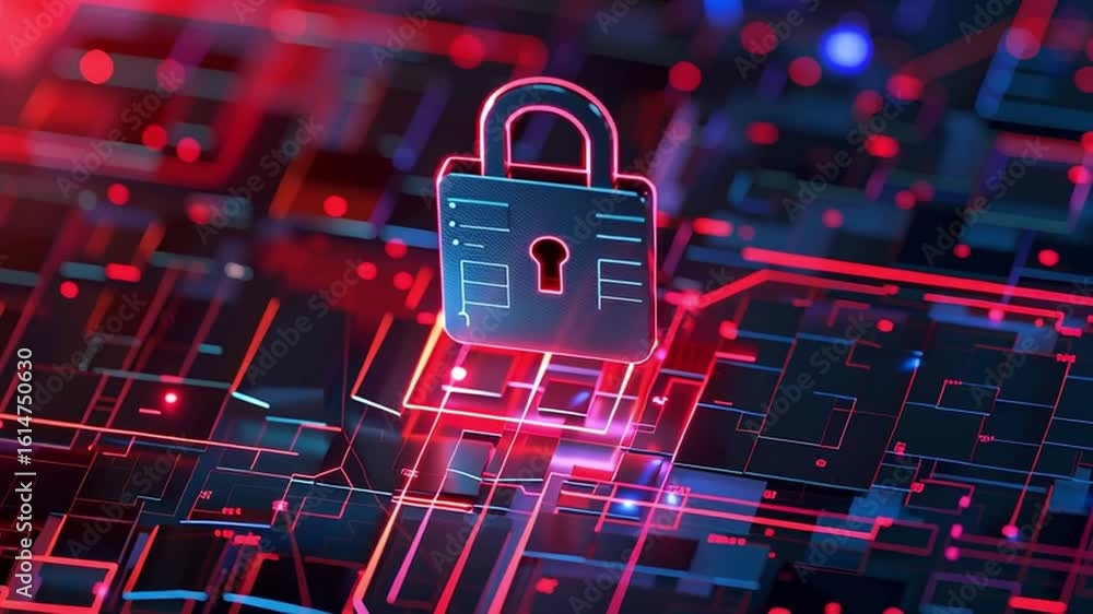 Poster glowing lock neon circuit board symbolizes digital security technology, network protection, and data