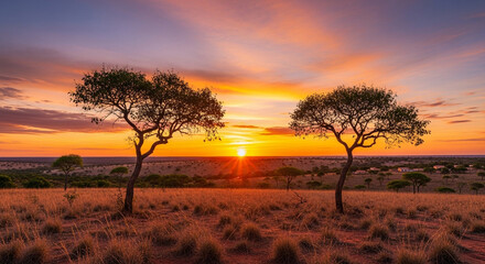 Obraz premium Golden hour savanna serenity: Trees stand guard as the sun paints the sky in fiery hues
