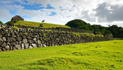 Lush green field with ancient stone walls