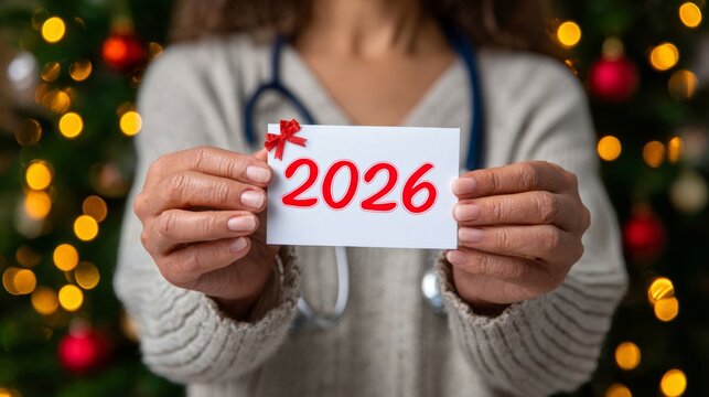 Woman is holding a piece of paper with the number 2016 on it. She is holding it up in front of a Christmas tree