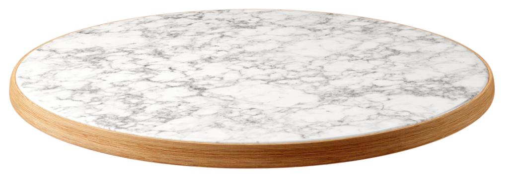 Round table top with a marble effect and wooden edge