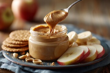 A Wooden Spoon Scoops Peanut Butter from a Jar, Crackers, Bananas and Apples Sliced on a Wooden Plate on the Side , Generative AI