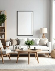 Modern living room with white sofa, plants, and empty frame mockup