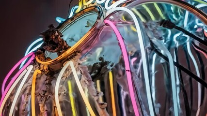 A slow pan across a futuristic, abstract sculpture featuring a complex web of glowing neon tubes in vibrant colors - Powered by Adobe