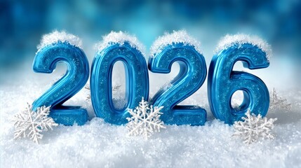 Blue and white font that reads "2026" on a snowy background. The font is made of snowflakes, giving it a wintery and festive feel. The snowflakes are scattered around the letters