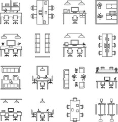 Office Interior & Furniture Line Icons - Workspace Layout & Desk Elements