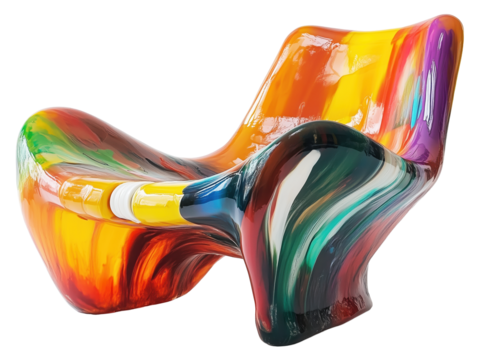 Vibrant sculptural chair with seat made of resin encased paint tubes, showcasing swirl of colorful patterns. design is modern and artistic, adding bold statement to any space., isolated