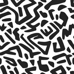 Authentic seamless pattern with abstract, geometric hand-drawn black shapes on a white background. Irregular wallpaper design of creative graffiti lines. Modern, tribal and dynamic endless texture.