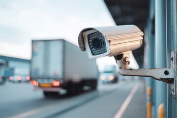 Security surveillance camera on a building, monitoring a truck on the road. Concept of transportation safety and traffic control.