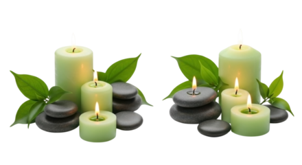 Two arrangements of lit green candles with smooth stones and fresh green leaves isolated on transparent background