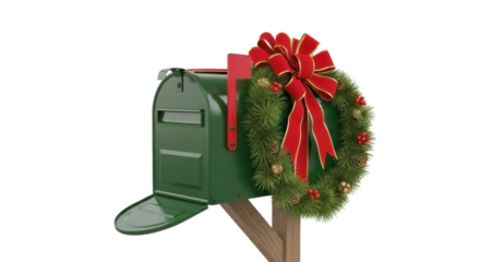 Green mailbox decorated with a festive christmas wreath and red bow isolated on transparent background