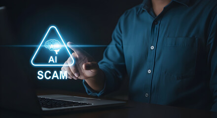 Male tapping glowing AI scam warning over laptop, potential cybercrime awareness campaign