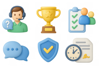 3d cartoon style icons for customer support and achievement themes