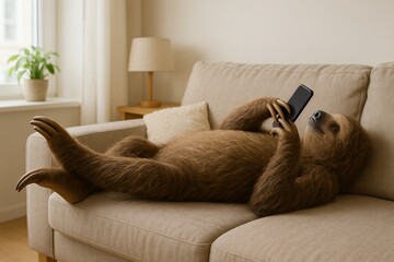 Sloth Lying on Sofa Using Smartphone in Cozy Living Room