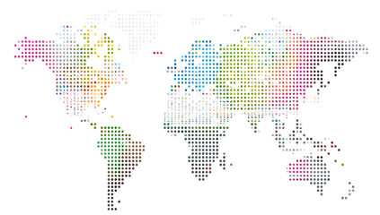 A colorful, pixelated world map