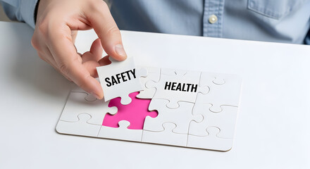 Completing Puzzle with Safety and Health Messages on Table, Metaphor for Prevention and Care