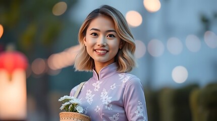Authentic Vietnamese Beauty: Young Woman in Lavender Ao Dai