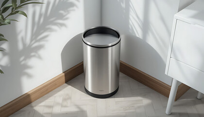 Modern Stainless Steel Trash Can in Clean Corner Interior with Wooden Baseboards