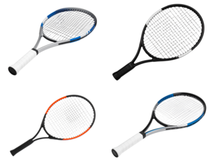 Sports equipment including tennis racket with ball and shuttlecock isolated on white background