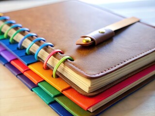 Colorful Spiral Leather Notebook, Stationery, Desk, Office Supplies, Study, Learning, Writing,  Blank Paper, Pencil, Colorful Tabs,  Document Photography Style