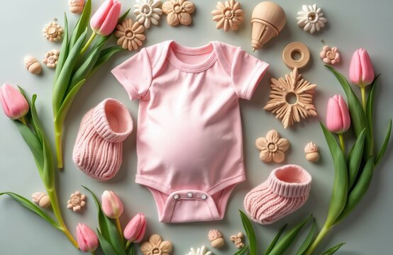 Delicate pink baby girl onesie, knit booties, and wooden toys arranged with spring tulips. Feminine pregnancy announcement setup. Soft pastel tones evoke new life, hope, and gentle beginnings.
