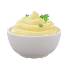 Creamy yellow condiment artfully swirled in a simple bowl garnished with fresh green herbs offering a delightful visual appeal.