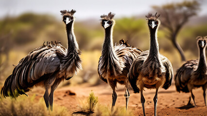 Cluster of Emu Heads with Expressive Eyes and Dark Feathers, Curious Gaze of Flightless Birds, Group Portrait